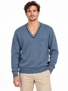 Jaeger Mens Lambswool V-Neck Sweater W/Striped Trim Blue Gray Size 40ins 102 cm